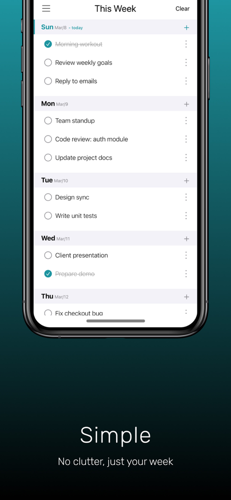 This Week - Weekly To-Do List - Eine saubere mobile Benutzeroberfläche der App Diese Woche, die eine einfache wöchentliche Aufgabenliste und Checkliste anzeigt