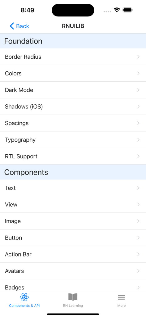 Expo & React Native components - React Native 개발을 위한 기본 및 UI 컴포넌트 목록을 보여주는 RNUILIB 섹션의 인터페이스.