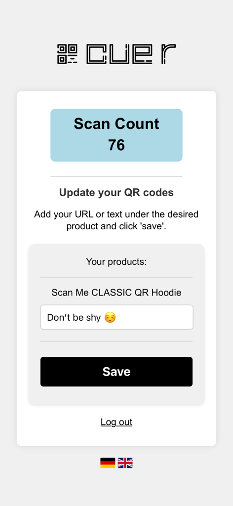 Interface de l'application Cue R affichant un nombre de scans de 76 et des options pour mettre à jour le lien d'un sweat à capuche QR.