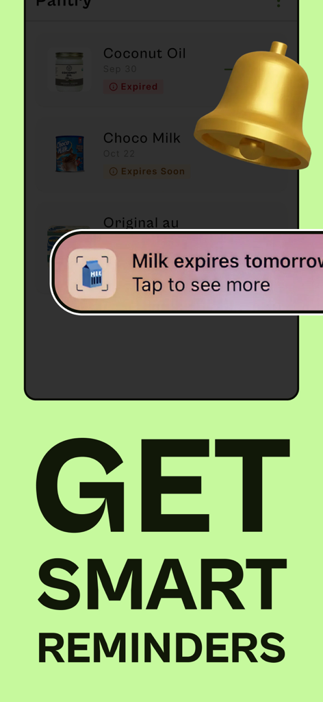 Pantry inventory app displaying a milk expiration notification and smart reminders