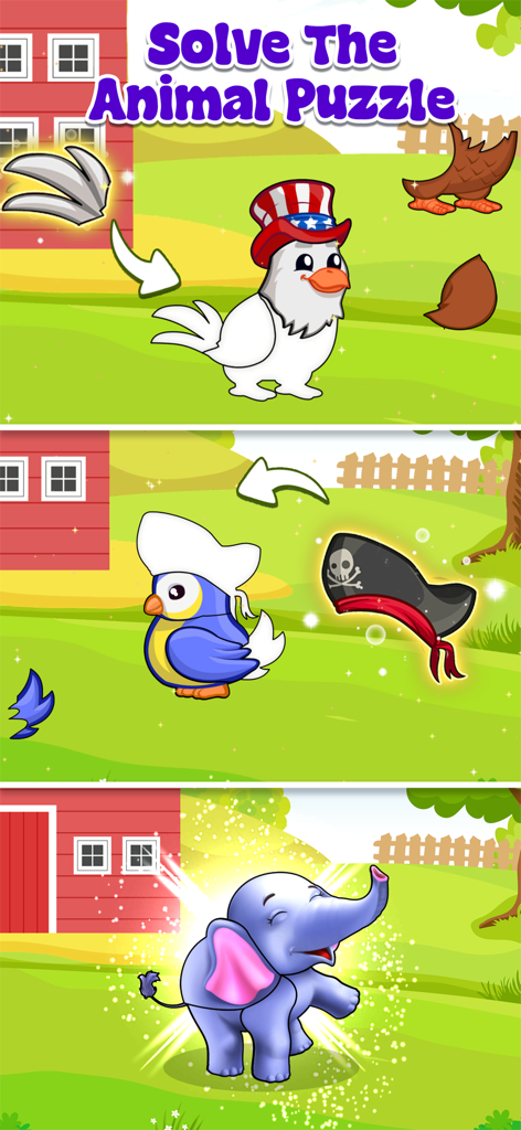 Kiddo Space Toddler Training - A screenshot of the Kiddo Space app showing interactive animal puzzles for toddlers including a bird and an elephant.