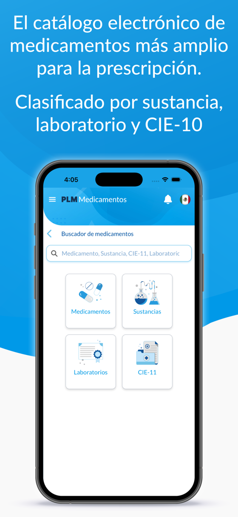 PLM Medicamentos - Una interfaz móvil de la aplicación PLM Medicamentos mostrando opciones de búsqueda de medicamentos por sustancia, laboratorio e CIE-11