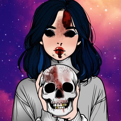 realistic girl holding a skull