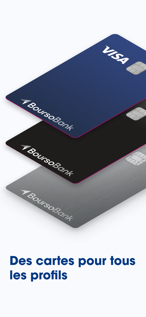 Three BoursoBank Visa credit cards in blue black and silver with French text translating to cards for all profiles