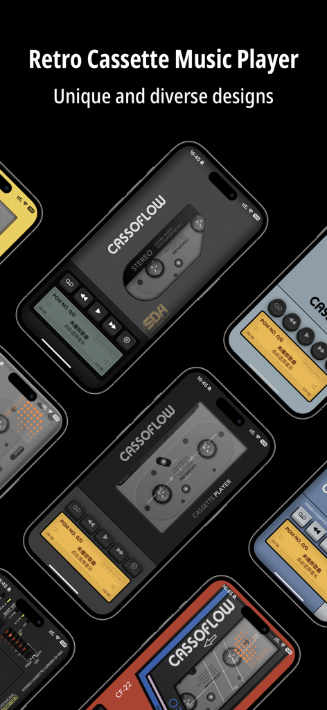 CassoFlow - Retro music player - CassoFlowミュージックプレーヤーで様々​​なレトロカセットテープデザインを示す複数のiPhone画面