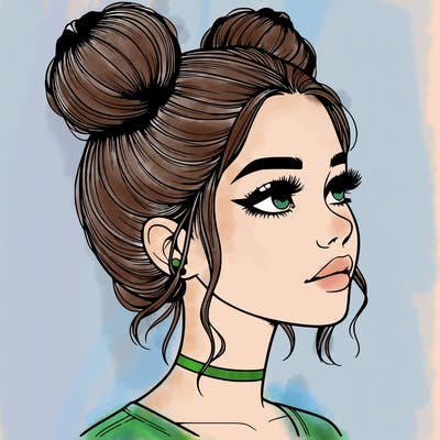 realistic girl with buns on the top of her head