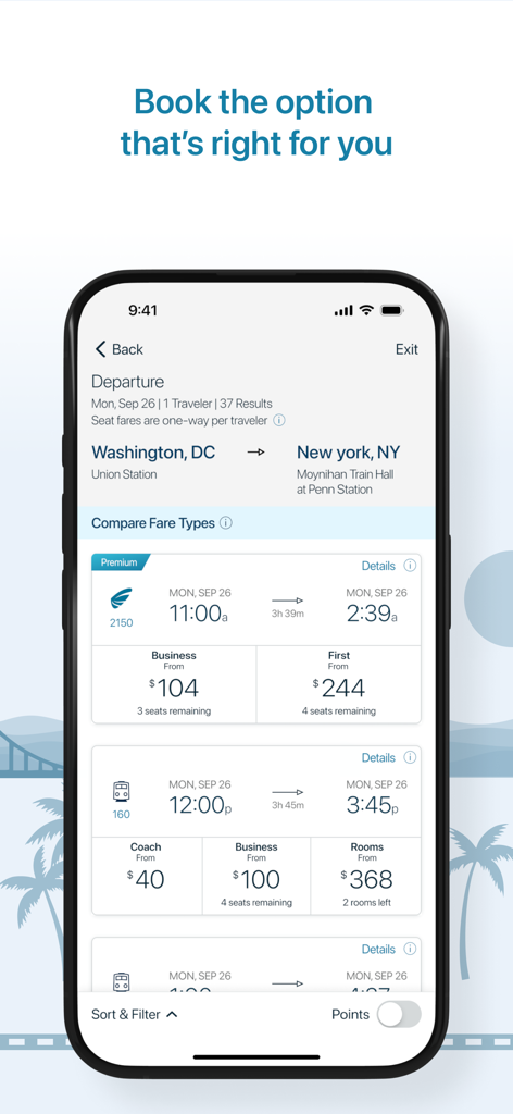A screenshot of the Amtrak app showing train departure times and ticket prices for a trip from Washington DC to New York