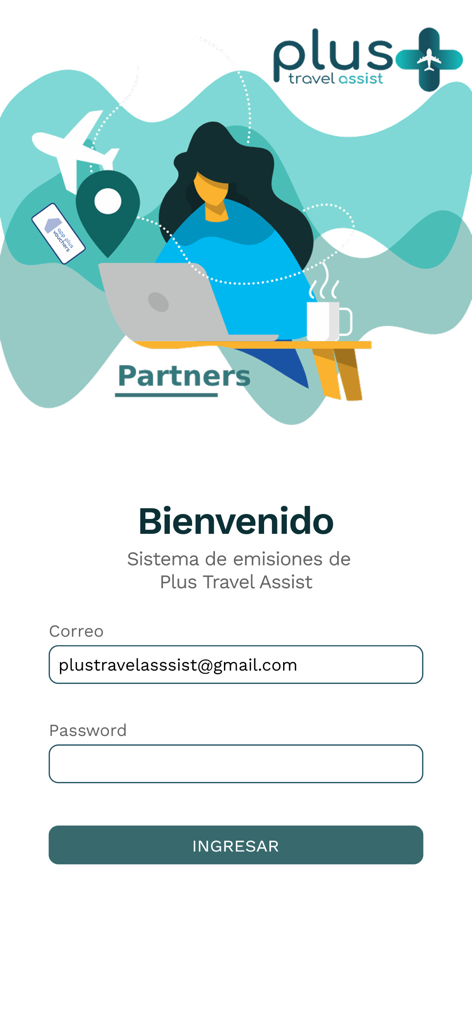 EMISIONES PLUS TRAVEL ASSIST - Tela de login do portal de parceiros do Plus Travel Assist com campos de e-mail e senha