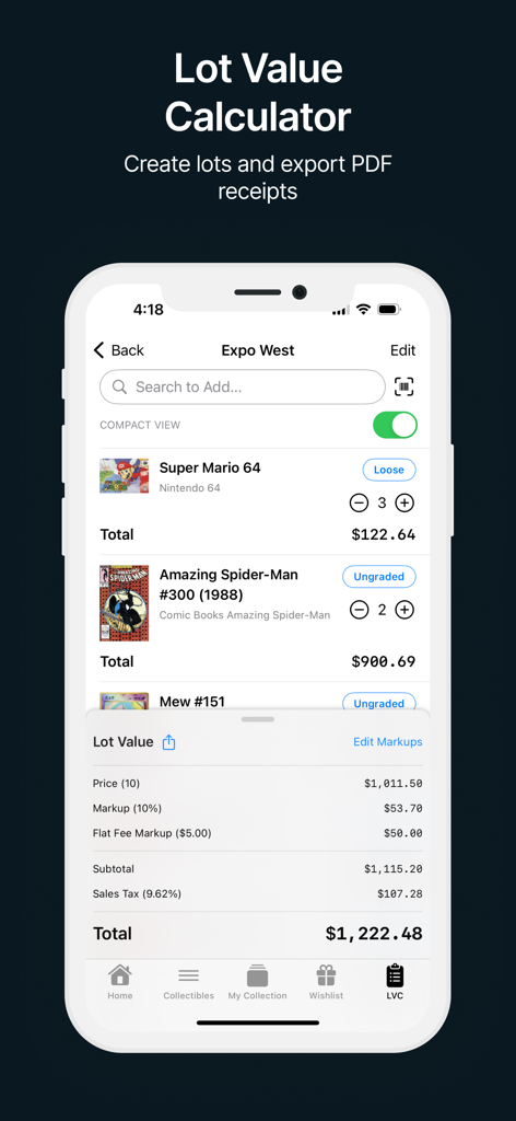 PriceCharting: TCG, Games+ - PriceCharting app lot value calculator showing itemized prices for games and cards with total value and markups
