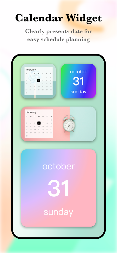 Widgets de calendario estéticos en varios estilos pastel y degradado en una pantalla de inicio de iPhone.
