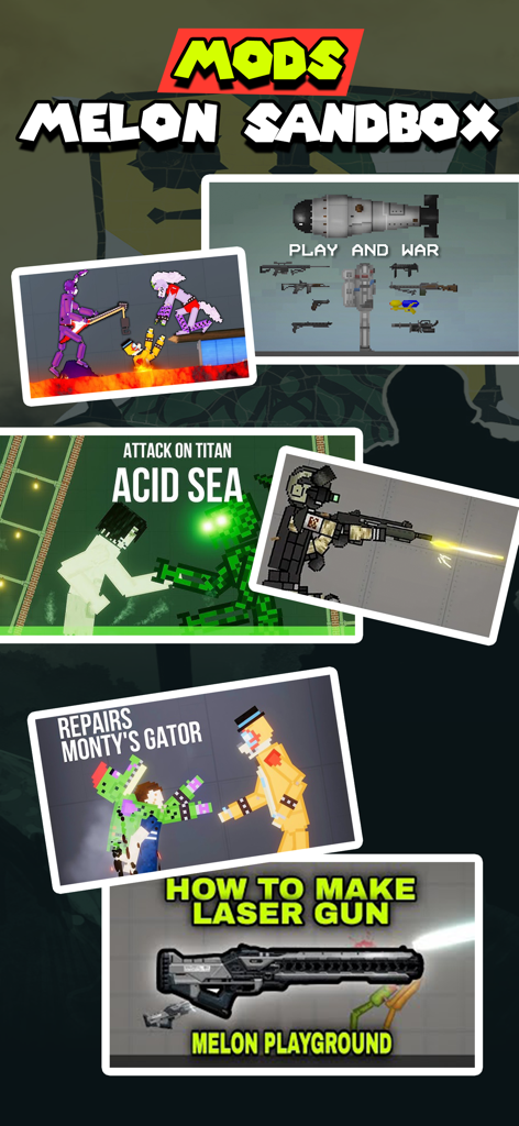 Mods Hub for Sandbox Games - Showcase of various character skins and weapon mods for the Melon Playground sandbox game