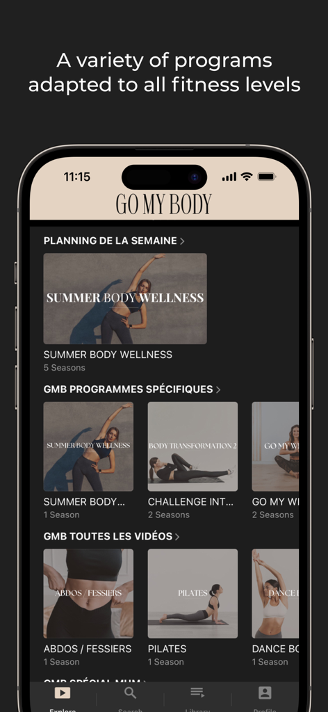 Go my body - Interfaz de la aplicación Go My Body que muestra varios programas de entrenamiento en casa para mujeres de todos los niveles de fitness