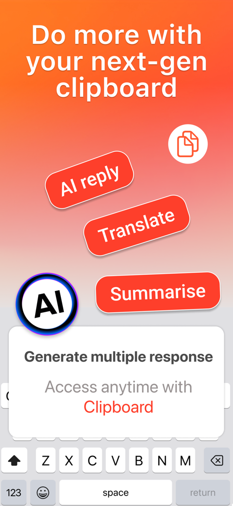 Bobble AI Keyboard showing clipboard features for AI reply translate and summarize