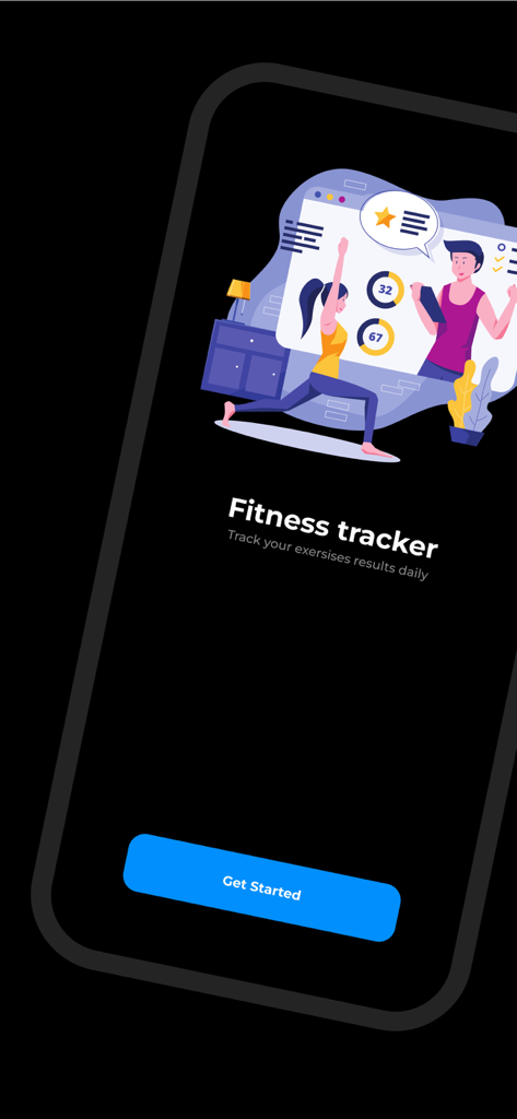Rep counter, Jump counter - Tela de integração para o aplicativo Contador de Repetições exibindo uma ilustração de rastreador de fitness e um botão Começar.