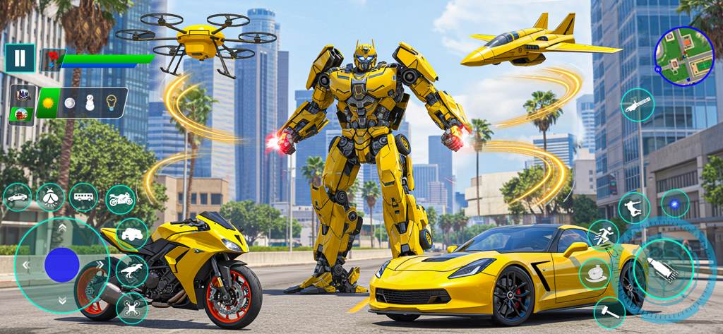 Robot Games - Mech War Games - A giant yellow battle robot standing in a city alongside its car, motorcycle, jet, and drone transformations