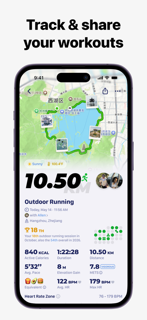 GrowPal: Health & Fitness - GrowPalアプリのスクリーンショットで、ルートマップ、健康統計、ソーシャル共有機能を含む屋外ランニングの概要が表示されています。