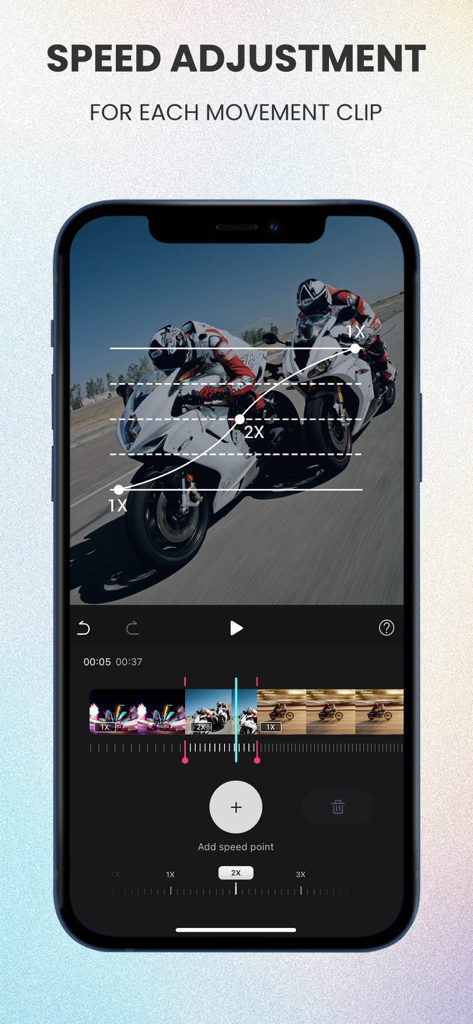 Interfaccia dell'app mobile Filmigo che mostra la funzione di regolazione della velocità con un editor di curve su un video di una moto