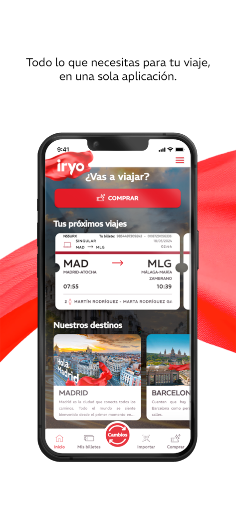 Iryo - Smartphone che mostra la schermata principale dell'app Iryo con un biglietto del treno da Madrid a Malaga e guide per le destinazioni di Madrid e Barcellona.