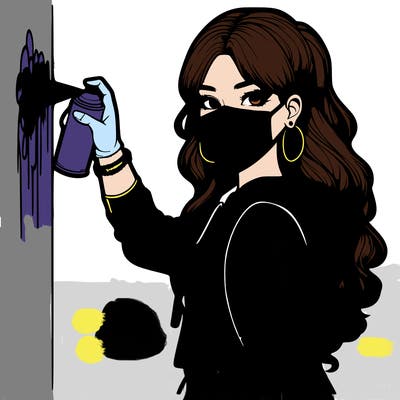 realistic girl with mask spray painting a wall