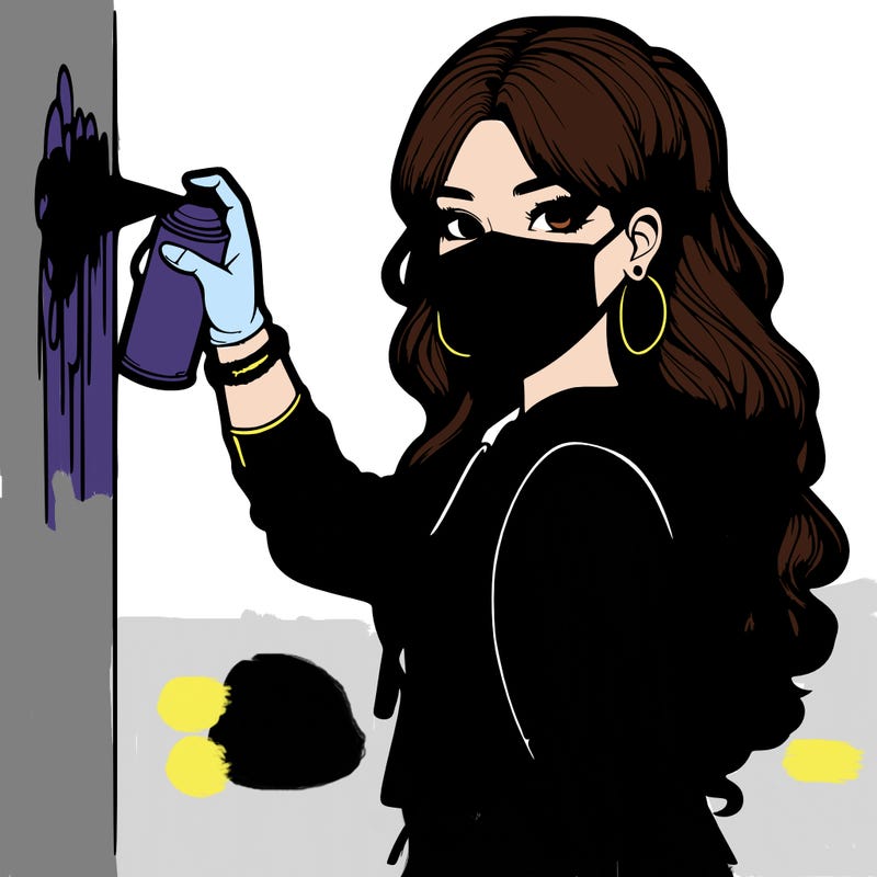 realistic girl with mask spray painting a wall