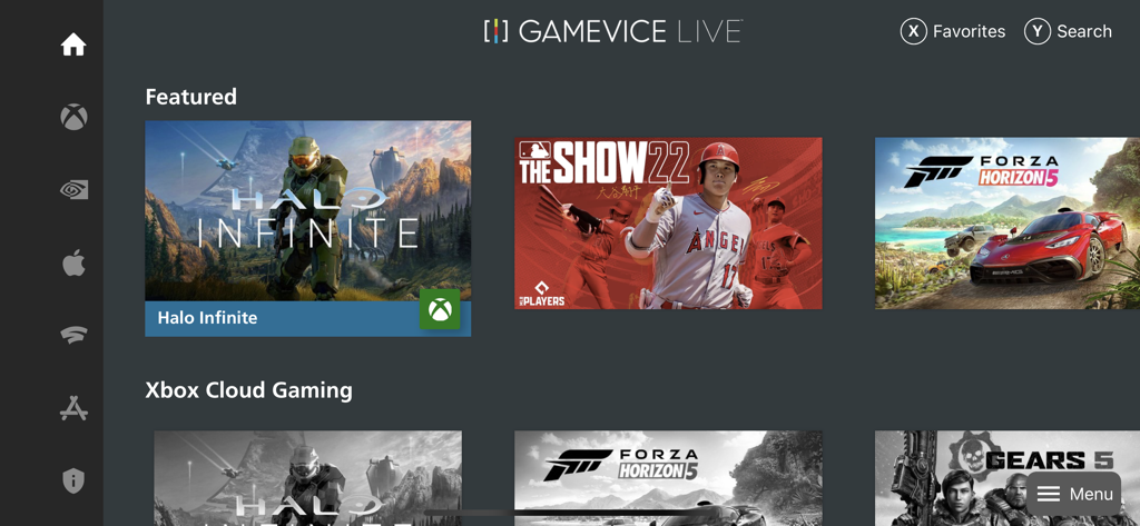 Panel de la aplicación Gamevice Live mostrando juegos destacados compatibles con mando como Halo Infinite