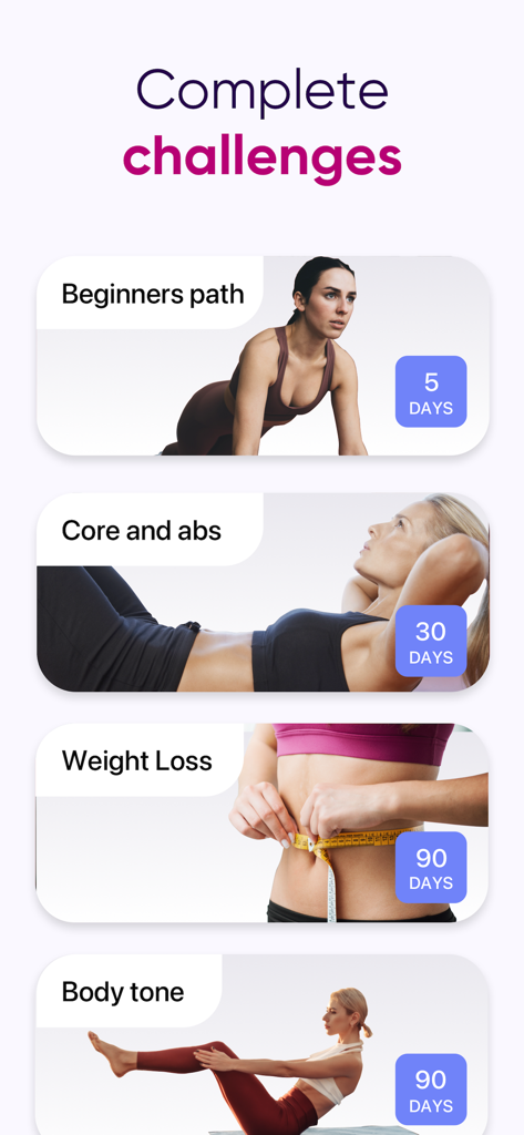 5 Minute Pilates Workout - Un menú que muestra diferentes desafíos de rutina de Pilates como camino para principiantes, core y abdominales, pérdida de peso y tono corporal