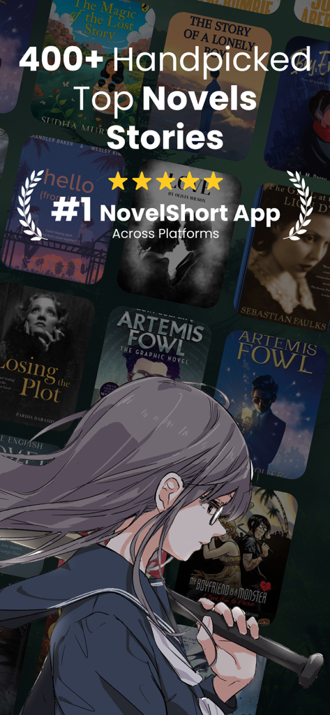NovelShort app promotion showing over 400 handpicked top stories and number one app ranking across platforms