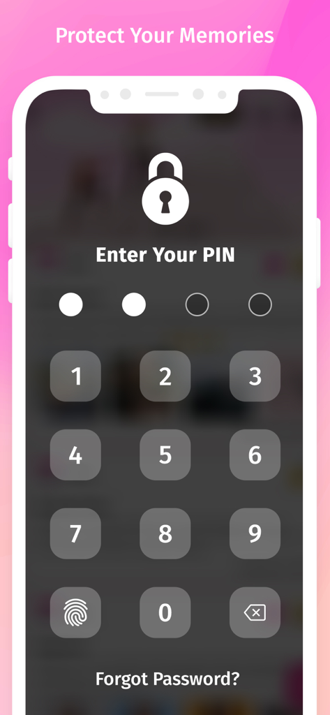Secret Diary With Lock - A smartphone screen showing a secure numeric PIN entry interface for the Secret Diary app with the header Protect Your Memories.
