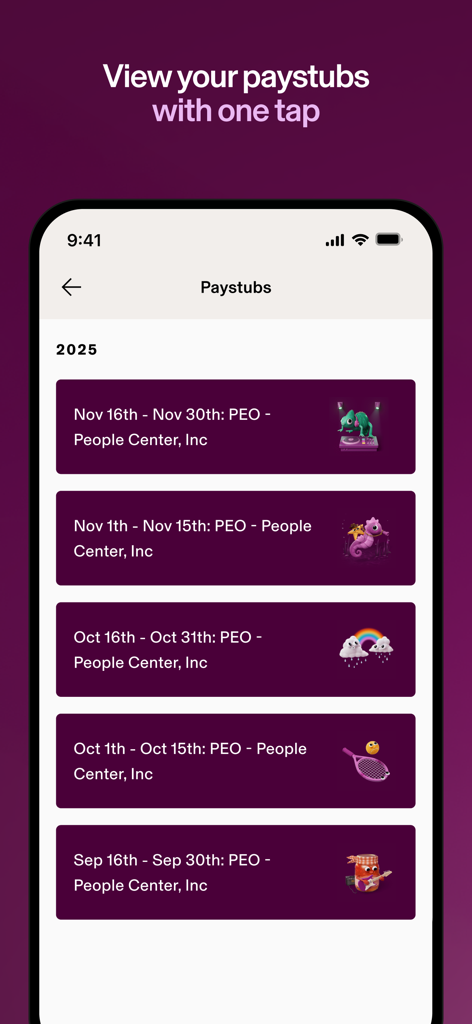 Rippling - HR, IT & Finance - Rippling 앱의 모바일 화면에 최근 직원 급여 명세서 목록이 표시됨