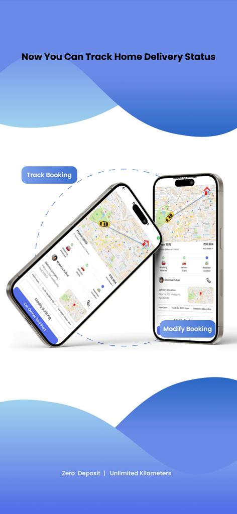 Long Drive Cars - Car Rental - Benutzeroberfläche der mobilen App, die den Echtzeit-Status der Lieferung nach Hause und die Kartenverfolgung für eine Mietwagenbuchung anzeigt