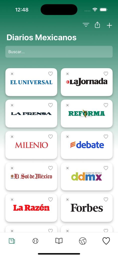 Diarios Mexicanos - Mobile app interface of Diarios Mexicanos showing a grid of logos from major Mexican newspapers like El Universal, La Jornada, and Reforma