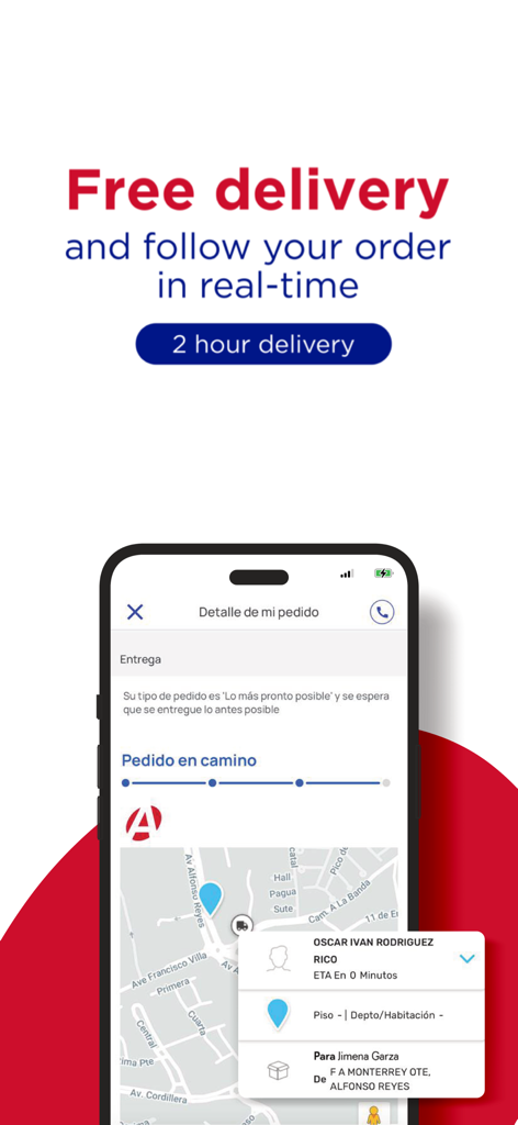 Mobile app screen showing real-time pharmacy order tracking with a map and delivery details