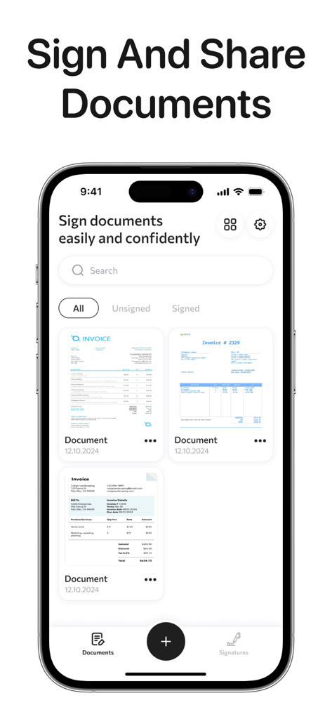 ドキュメントリストと署名オプションを示すE-Sign Creatorアプリダッシュボードを表示するiPhone画面