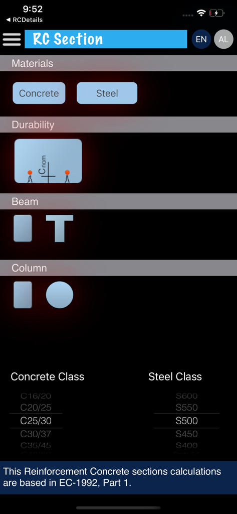 Interfaz principal de la aplicación RCSection para cálculos de diseño de hormigón y acero según Eurocódigo 2.