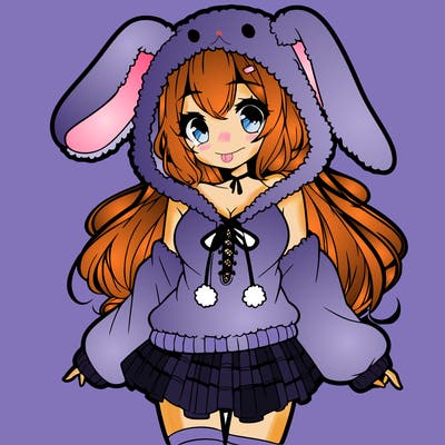pretty anime girl wearing a fluffy hoodie with bunny ears on the hood and a skirt