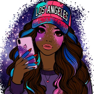 realistic beautiful girl wearing los ángeles cap holding an iphone