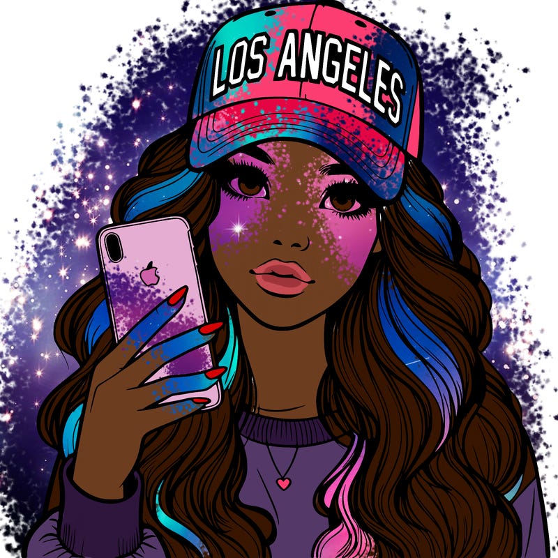 realistic beautiful girl wearing los ángeles cap holding an iphone