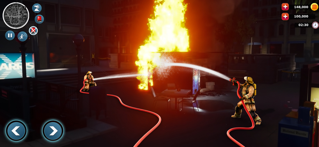 Two firefighters extinguishing a large blaze with hoses in an urban city at night.
