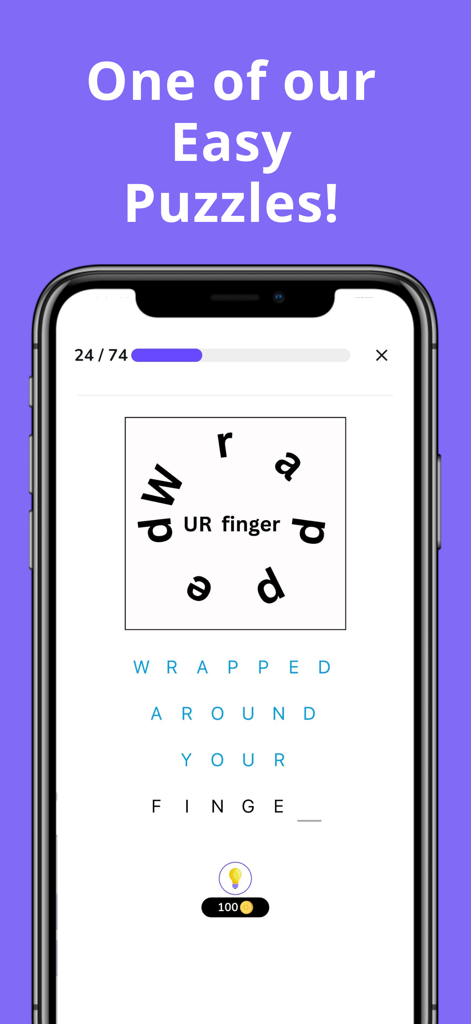 An easy rebus puzzle level in the app showing the visual representation of the idiom wrapped around your finger.