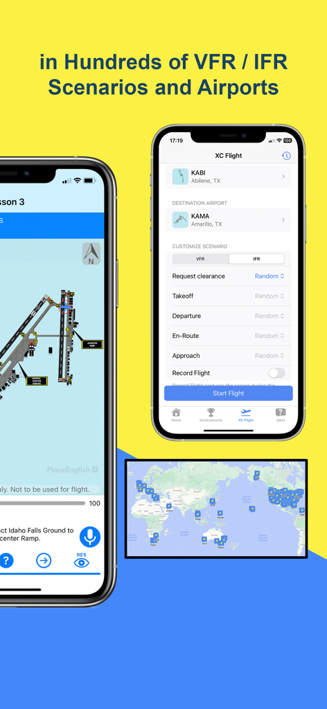 PlaneEnglish ARSim app interface showing flight scenarios and airport map for radio communication training