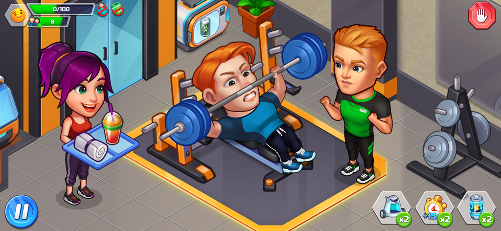 Happy Fitness: Gym Game - フィットネスドリンクを提供するスタッフがいるジムシミュレーションゲームでエクササイズをするカートゥーンキャラクター