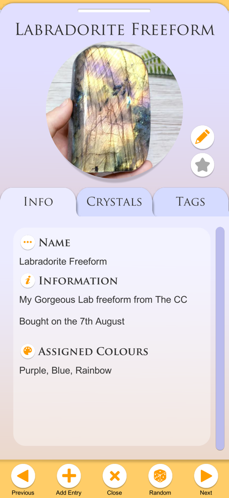 A Guide To Crystals - The CC - Personal crystal collection entry for a Labradorite Freeform in the Guide To Crystals app