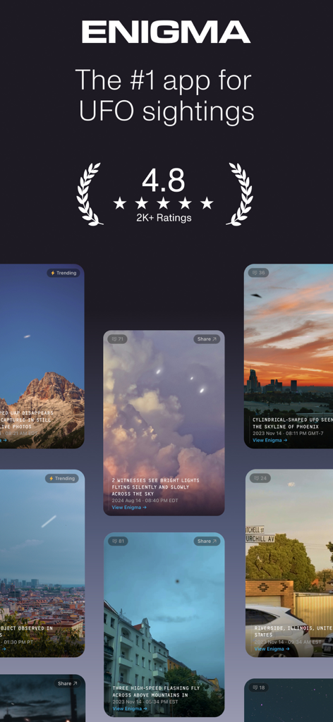 Enigma: What’s that in the Sky - Enigmaアプリのインターフェイス。UFOの目撃情報レポートと高いユーザー評価が表示されています