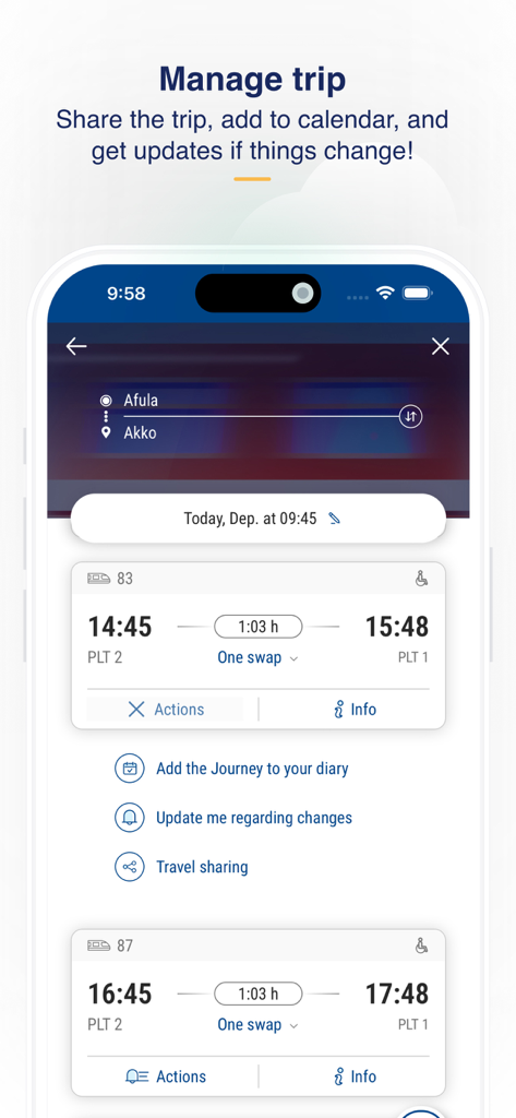 רכבת ישראל - Israel Railways - Interfaccia dell'app mobile per Israel Railways che mostra le funzionalità di gestione del viaggio e gli orari dei treni