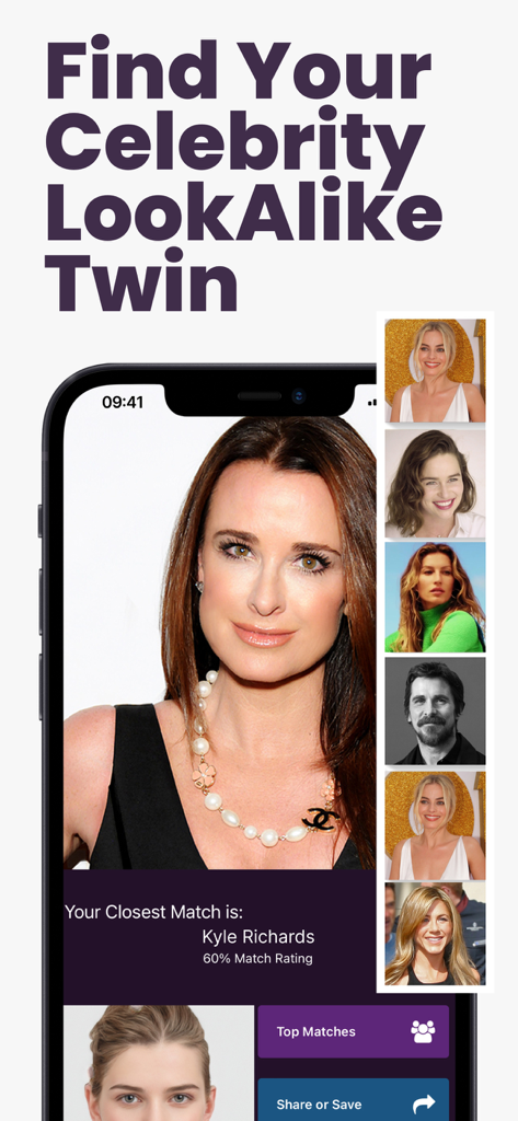 Bildschirm eines Smartphones, das eine 60-prozentige Ähnlichkeit mit Kyle Richards in der Celeb AI App zeigt.