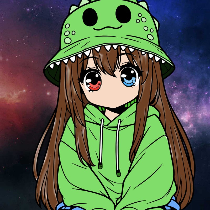 girl with anime shaped eyes with a dinosaur bucket hat oversized sweatshirt long straight hair