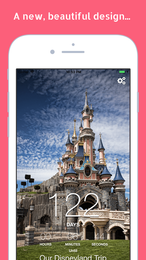 iPhone screen showing a countdown to a Disneyland trip with a castle background