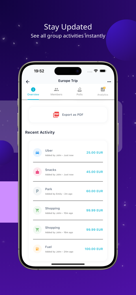 SplitUp – Split & Share Bills - Overview screen of SplitUp app showing a list of recent shared expenses for a group trip.