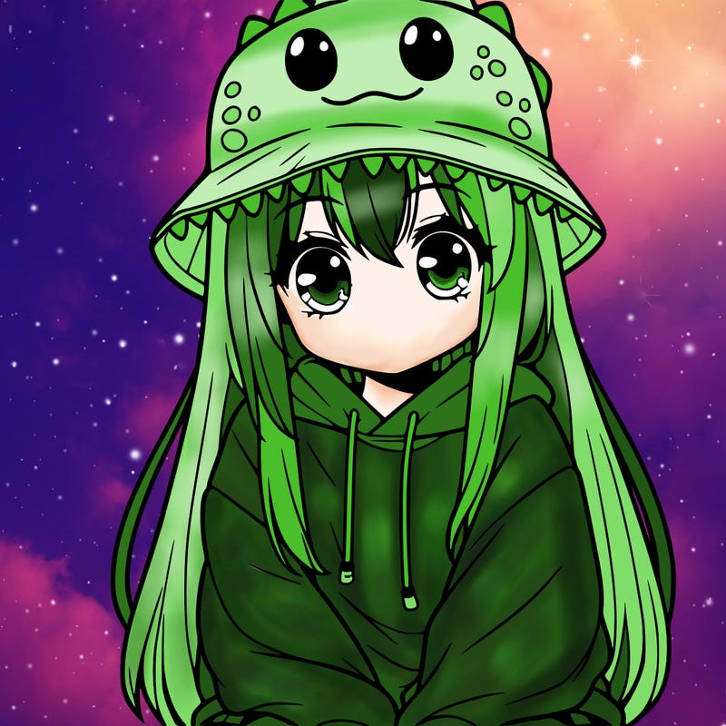 girl with anime shaped eyes with a dinosaur bucket hat oversized sweatshirt long straight hair