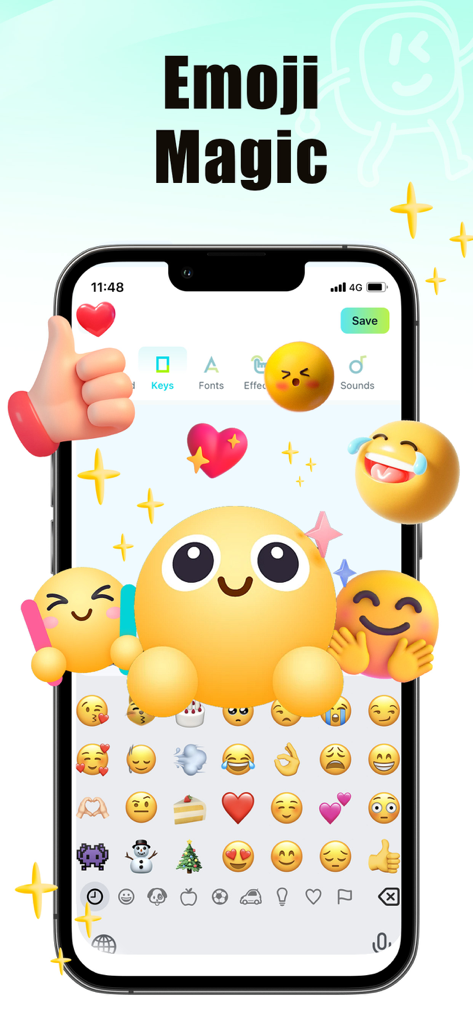 KeyFonts- Keyboard & Themes - iPhone mostrando la aplicación KeyFonts con la función Emoji Magic y emojis 3D flotantes.